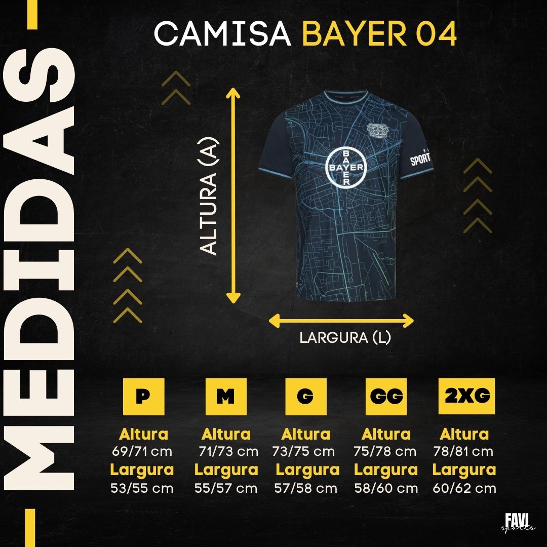 tabela de medidas da camisa do bayer leverkusen familia 2024
